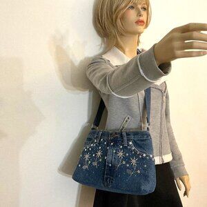 Handmade Wrangler Denim crossbody adjustable-strap bag with sequin flowers NWOT